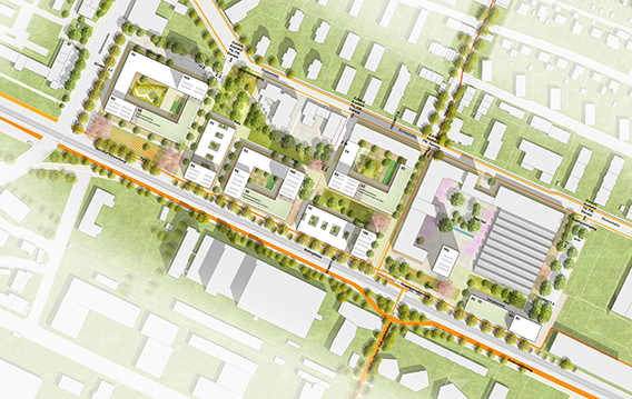 Lageplan: Lockere Anordnung großmaßstäblicher Hof- und Patio-Typologien, diagonale Abfolge von öffentlicher Grünräume